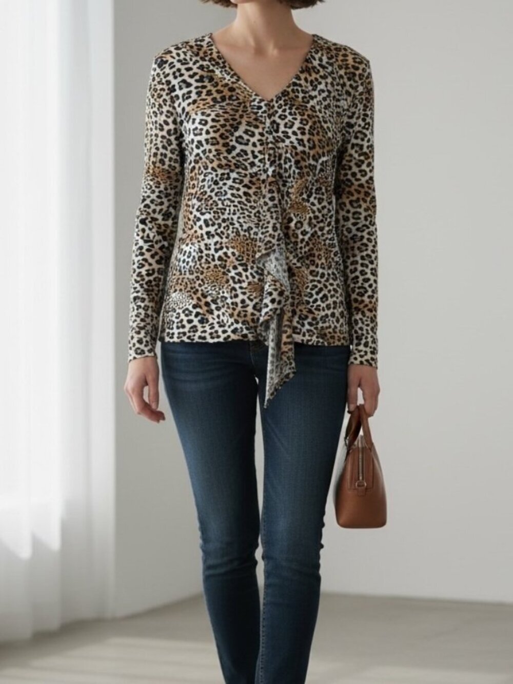 Clara Sun Woo Leopard Print Jersey Ruffle Front Jersey Top Size XL Long Sleeve